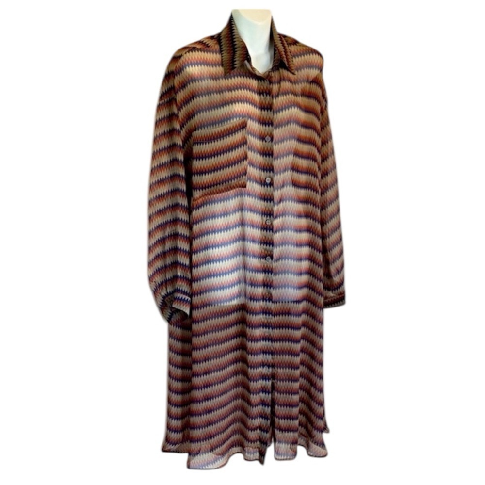 MISS LOVE Shirtdress/Duster Women's M, Tan/brown Missoni-style Zigzag, sheer EUC
